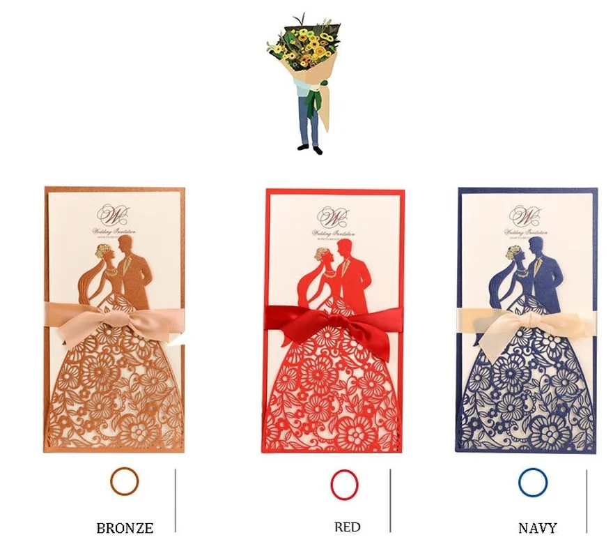  50Sets Laser Cut Wedding Invitations Card Bride and Groom Greeting Card with Ribbon Engagement Wedd - 4.00026E+12