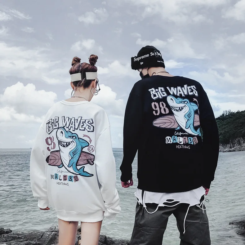 

Hip-hop Cotton Pullover for Men and Women Men's BIG WAVES Letter Pullover Printing Cartoon Shark Long Sleeves Lovers'Sweatshirt