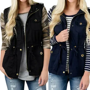 

Womens Olive Cargo Utility Safari with Pockets Drawstring Army Top Jacket Coat Autumn Clothes