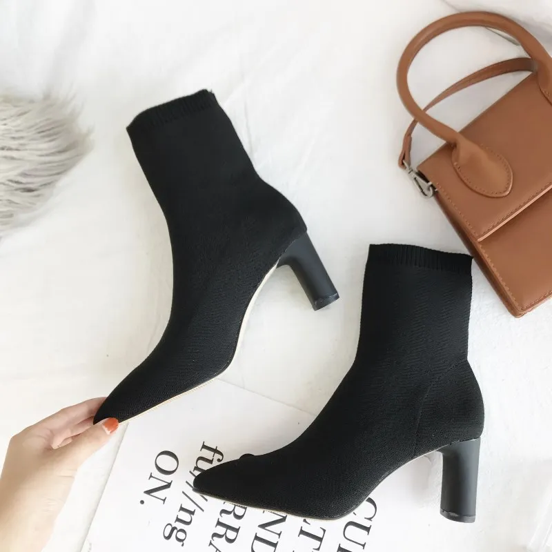 

2019 Women Ankle Sock Boots Block High Heels Pointed Toe Solid Slip On Comfort Boots Fashion Knitting Short Boots for Women
