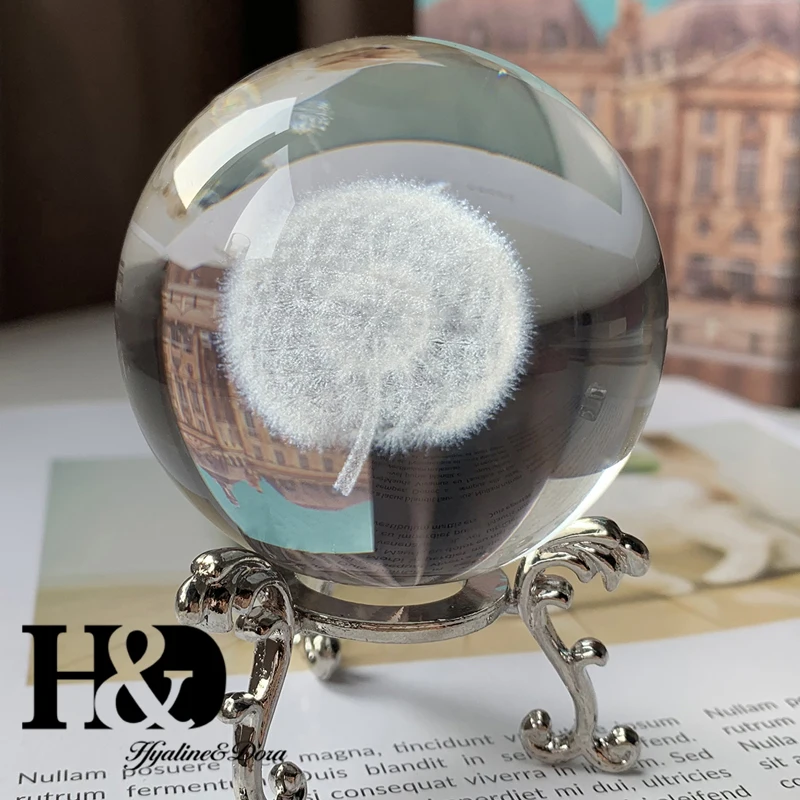 

H&D 6cm 3D Laser Engraved Dandelion Crystal Ball Glass Art Miniature Sphere Home Decor Accessories Ornament Boys Gift with Stand