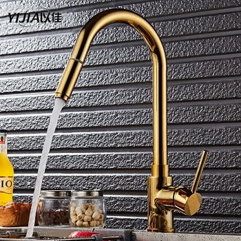 

Hot and Cold Water Mixer Tap Golden pull rotating kitchen faucet