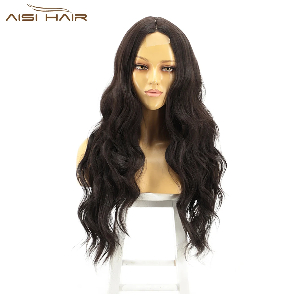 

AISI HAIR Popular 26 Inch Synthetic Lace Wigs Black Mixed Brown Long Body Wave Wigs For Black Women Middle Part Natural Wigs