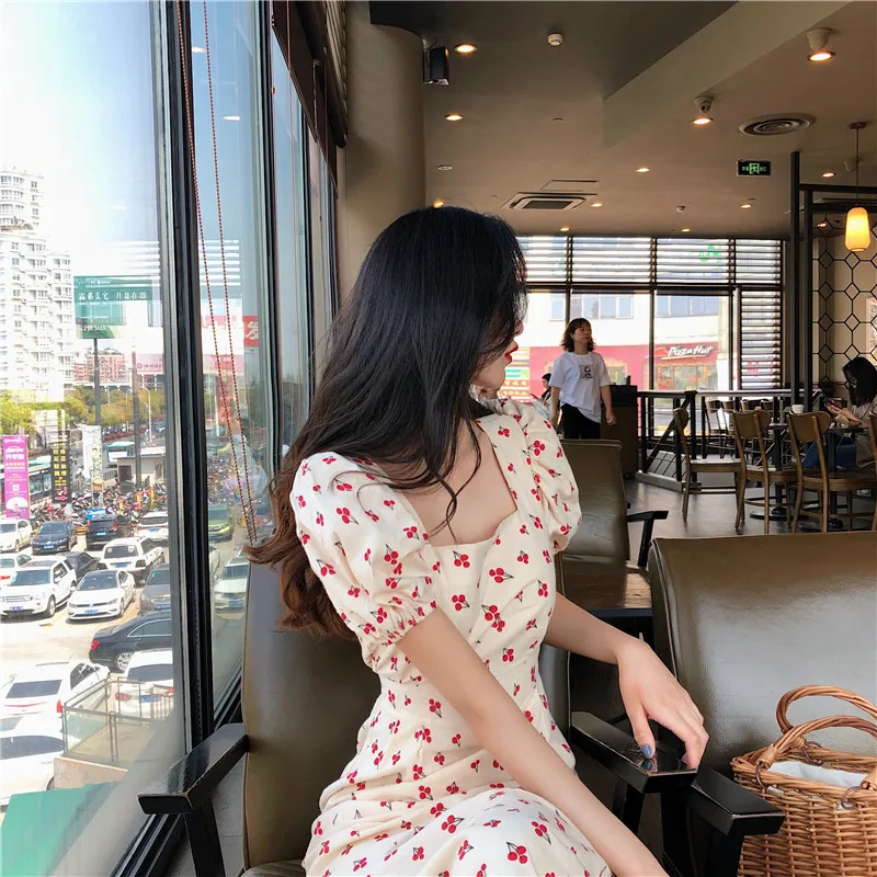 2020 Summer Vintage Puff Sleeve Printed Long Dress Female Elegant Ruffle Square Sleeve Slim Maxi Dresses Vestidos