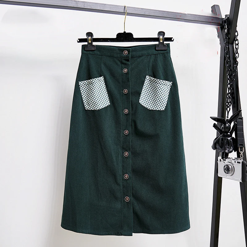 

New Arrival Green Corduroy Skirt Women High Waist Slim Mid Skirt Autumn Winter 2020 A-Line Single Breasted Retro Patchwork Skirt