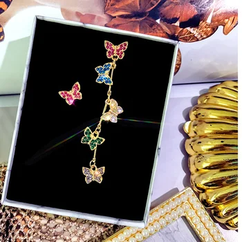 

2020 Korean Mixed Color AB Section Asymmetric Butterfly Personality Fashion Simple Crystal 925 Silver Needle Earrings Female