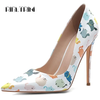 

RIBETRNI Spring Autumn Print High Heels Pumps Woman Patent PU Pumps Ladies 6/8/10/12cm Thin High Heels Party Wedding Shoes Woman