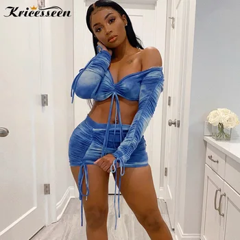 

Kricesseen Sexy Print Ruched Two Pieces Skirt Set 2020 New Women Long Sleeve Top And Mini Skirt Suits Bandage Matching Set