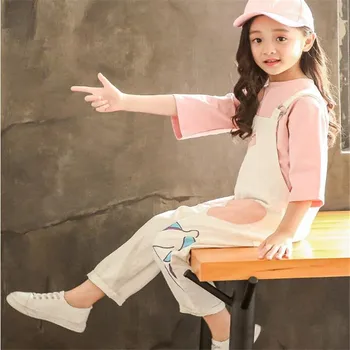 

2PCS Baby Kids White Jeans T-Shirts Solid Clothing Set Clothes Girls Denim Overall Pants Child Pink Half Sleeve Tee Top