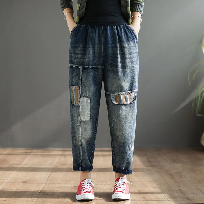 

Art Retro Patchwork Washed Denim Trousers Loose Elastic Waist Harem Jeans Women Scratched Bleached Casual Pants Pantalon Femme