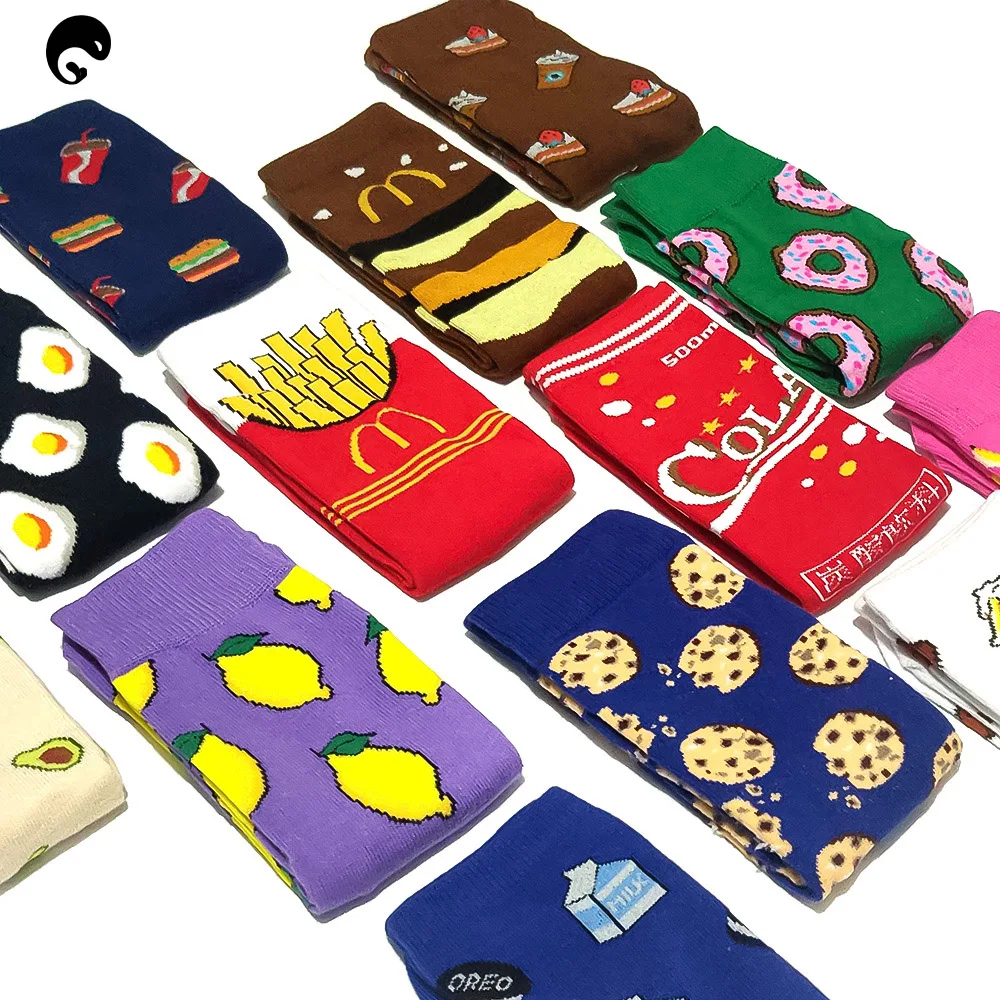 

Women Socks Funny Cute Cartoon Fruits Banana Avocado Lemon Egg Cookie Donuts Food Happy Japanese Harajuku skateboard Socks