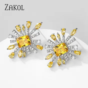 

ZAKOL 3 Color Exquisite Yellow Zirconia Stud Earrings for Women Luxury CZ Stone Irregular Female Brincos Wedding Accessories