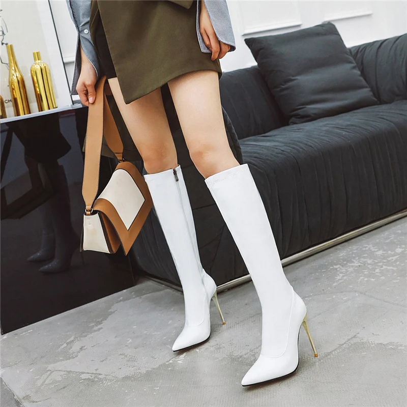 Luxury Stilettos Leather Long Boots Women Fetish Knee High Boots 10cm High Heels Lady Stripper Glossy Prom White Red Shoes