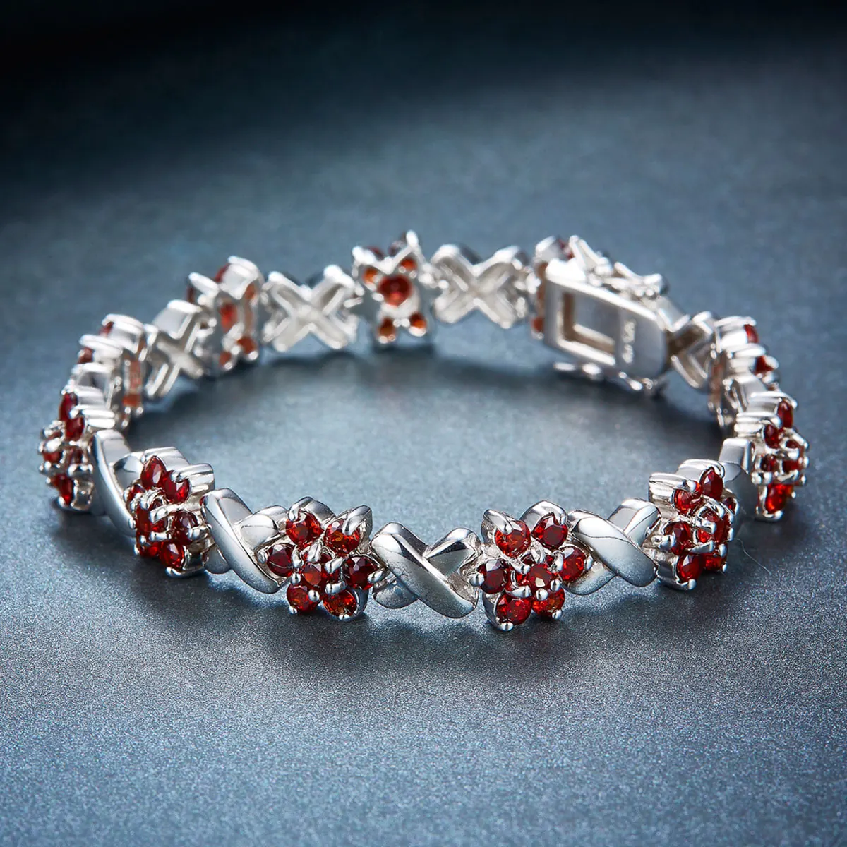 Hutang Solid 925 Sterling Silver Flower Bracelet for women Natural 7.7Ct Garnet Fine Jewelry