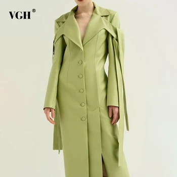 

VGH Lace Up PU Leather Women's Coat Lapel Collar Long Sleeve Coats Female Large Size 2020 Autumn Winter Fashion OL New