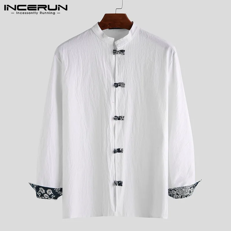 INCERUN, хлопковая рубашка в китайском стиле, мужская, с длинным рукавом, на пуговицах, однотонная, повседневная, Camisa, винтажная, уличная, воротник-стойка, брендовая рубашка для мужчин - Цвет: White Shirt