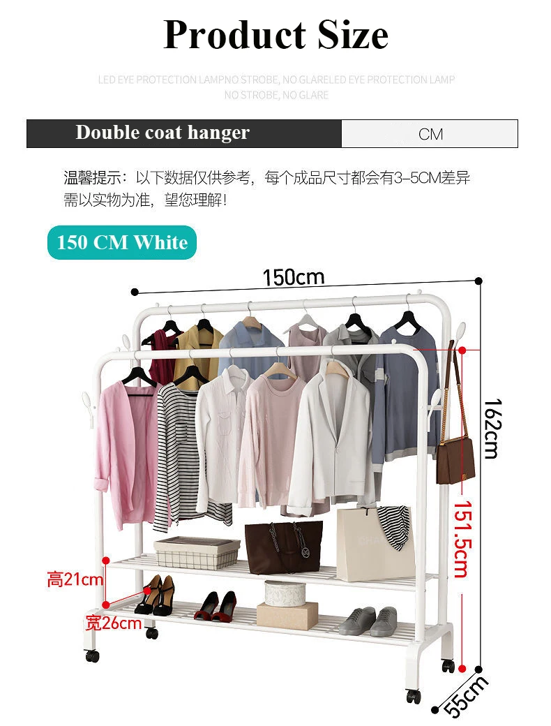 Garment Rack Floor Standing Clothes Hanger Double Pole Coat Rack Wardrobe Clothing Drying Rack Mobile Cloth Rail Home Furniture