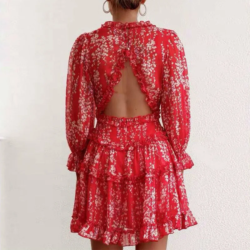 

Sexy Women V-neck Long Sleeve Ruffles Autumn Dress Ladies Floral Print Casual Wrap Mini Dress