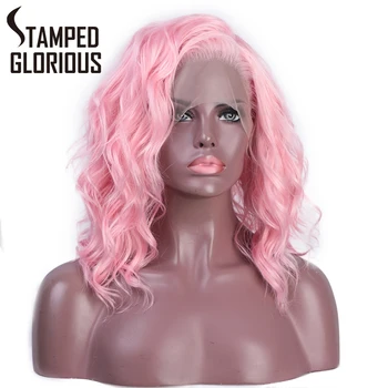 

Stamped Glorious Lace Front Wig Pink Wavy Bob Wig Short Synthetic Wigs for Women Free Part Cosplay High Temperature Fiber