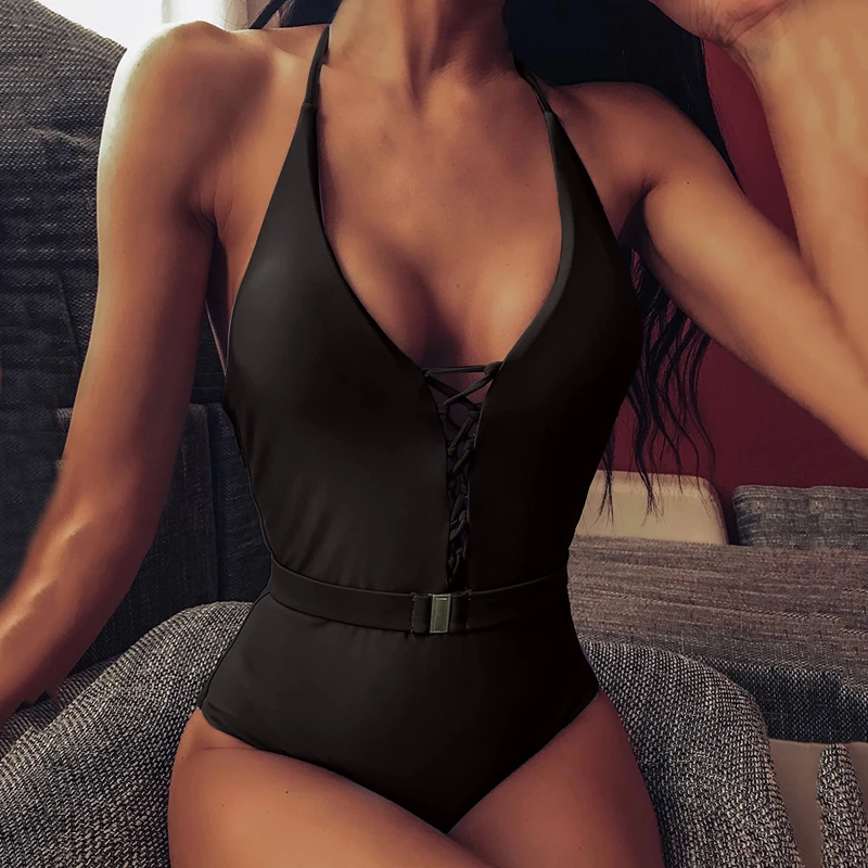 Sfit String Halter Bikinis 2020 Mujer Swimsuit Fused Female Lace Up Bodysuits One Piece Swimwear Women High Cut Belt Monokini