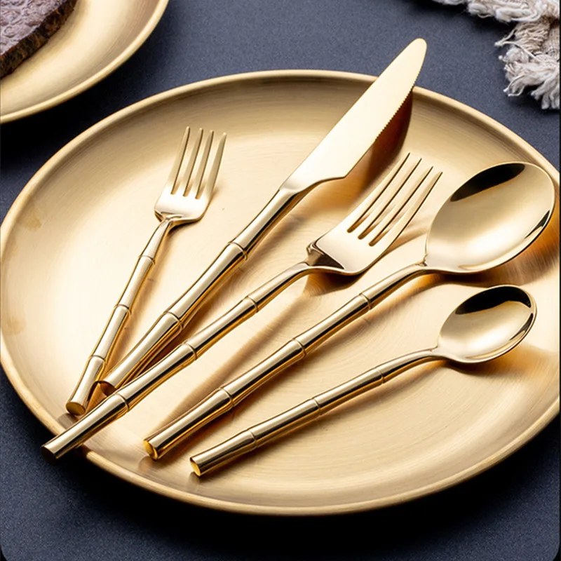 KuBac Hommi Cutlery Set Stainless Steel Steak Knife Fork Bamboo Design Golden Dinnerware Set Silver Cutlery Set 24pcs