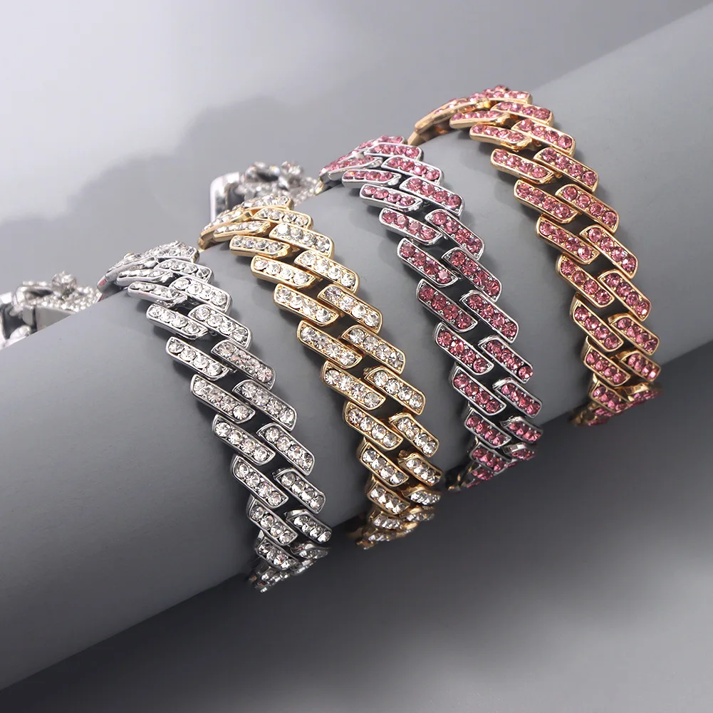 15mm Bling Rhinestone Hip Hop Cuban Link Chain Bracelets for