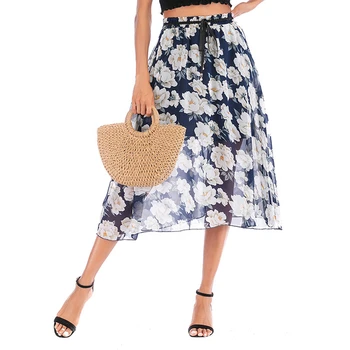 

2020 New Women Midi Skirts Chiffon Long Boho Elastic Waist Halter Summer Skirts Wild Korean Women Long Floral Pattern Skirts