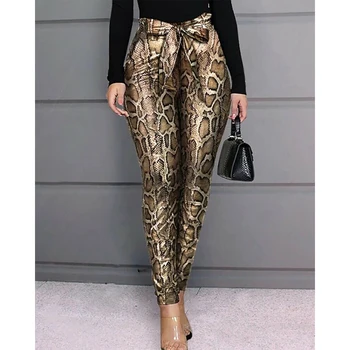 

Women Leopard Print Bow Pants PU Leather Stretch Pencil Slim Trousers Skinny High Waist Long Bandage High Waist Autumn 2020