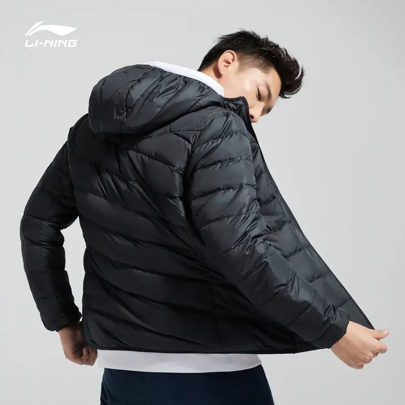 Li-Ning мужской тренировочный пуховик с капюшоном, полиэстер, 90% белый утиный пух, 3D Подкладка, теплые спортивные пальто AYMN049 MWY304