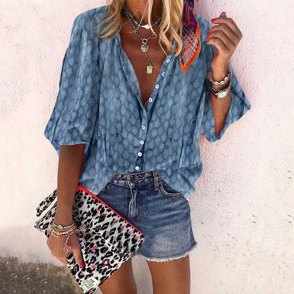 

Autumn Winter Fashion Women Plus Size Casual Loose 3/4 Sleeve V Neck Shirts Solid Color Top Blouse 2019 New