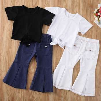 

2020 Fashion Infant Baby Girls Clothes Sets Kids Clothes Short Sleeve Back Sequined Wings T Shirts Tops+Flare Pants Sets