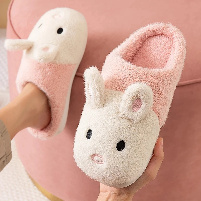 

Cute Rabbit Pattern House Girls Fur Slippers Winter Keep Warm Plush Bedroom Couples Cotton Shoes Home Women Men Fluffy Slippers