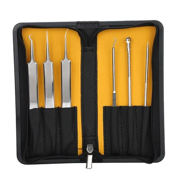 

6pcs Stainless Steel Acne Needle Blackhead Pimples Extractor Clip Facial Care (Black+Yellow) Black Head Remover