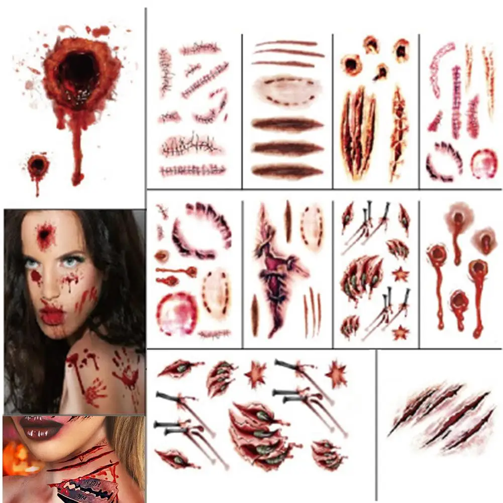 11PCS Halloween Temporary Tattoo Sticker Fake Wound Scar Bruise Zombies Cosplay Party Realistic Face Body Art Stickers Makeup | Красота и