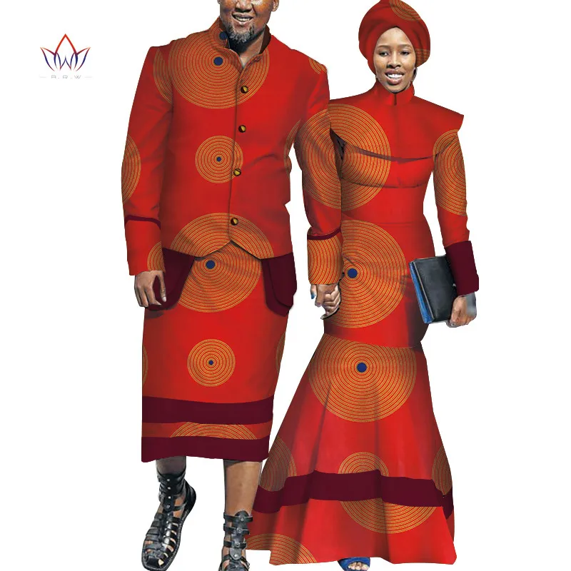

African Vintage Couple Clothes African Dresses for Women Bazin Riche Long Evening Dresses African Men Coat and Skirts WYQ161