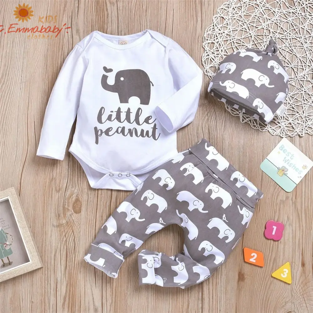

2020 New Fashion Newborn Clothing Toddler Baby Girl/Boy Clothes Elephant Print Romper Top+Long Pants Trousers+Caps Outfit 0-18M