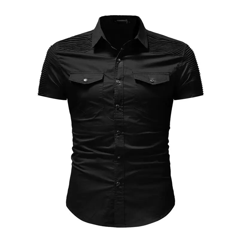 New Men Summer Fashion Short Sleeve Pocket Button Turn-down Collar Shirt Military Casual Slim Fit Male Denim Shirt Tops - Цвет: Black