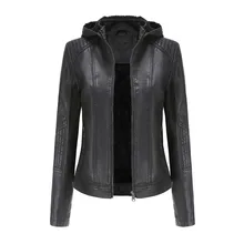 Winter Faux Leather Jacket Women Long Sleeve Hooded Plus Velvet Warm Biker Jackets Detachable Female Casual Streetwear Outerwear