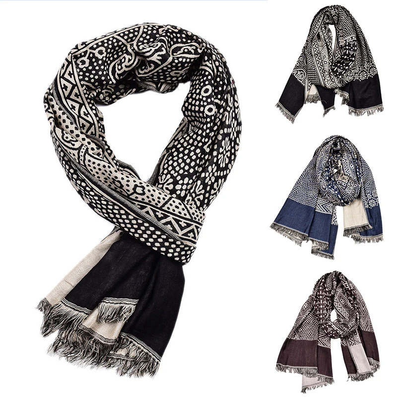 Bufanda de invierno para hombre, bufandas masculinas de estilo étnico, de algodón, lino, borlas, Retro, azul marino, negro, rojo oscuro, estampado de anacardo|Bufandas de hombre| -