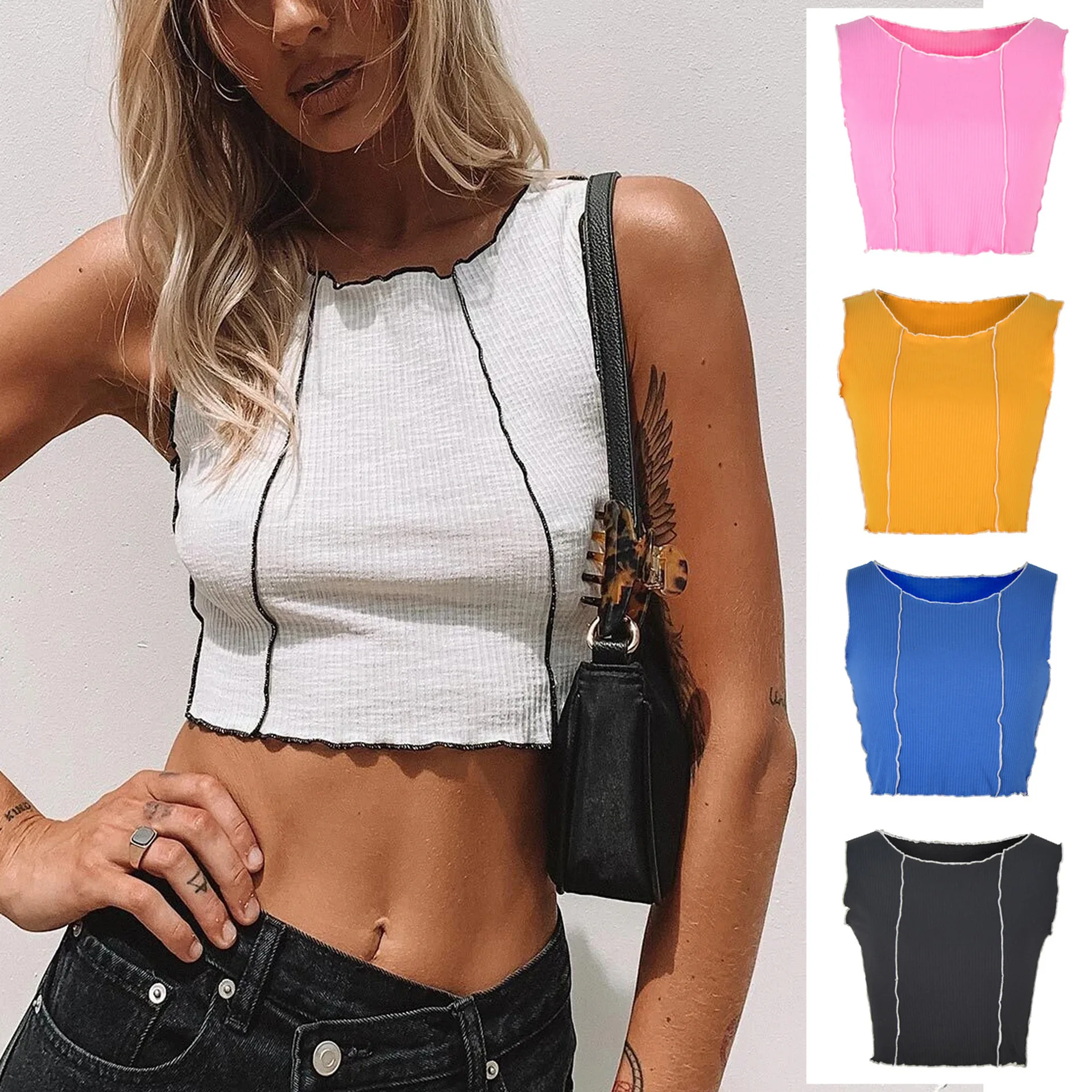 

Contrasting Color Stitching Vest Fashion Round Neck Short Umbilical Cord Sexy Slim Top Ladies Inner Wear and Outer Wear Summer