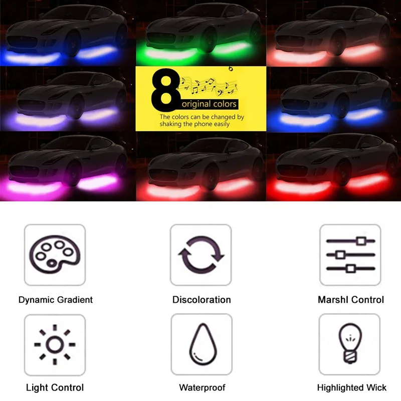 Winhoi, 4 шт., автомобильная RGB Светодиодная лента, водонепроницаемая, под автомобильную трубу, Полоска, подсвечивающая тело, светодиодный, автомобильный светильник, неоновая, беспроводная, пульт дистанционного управления