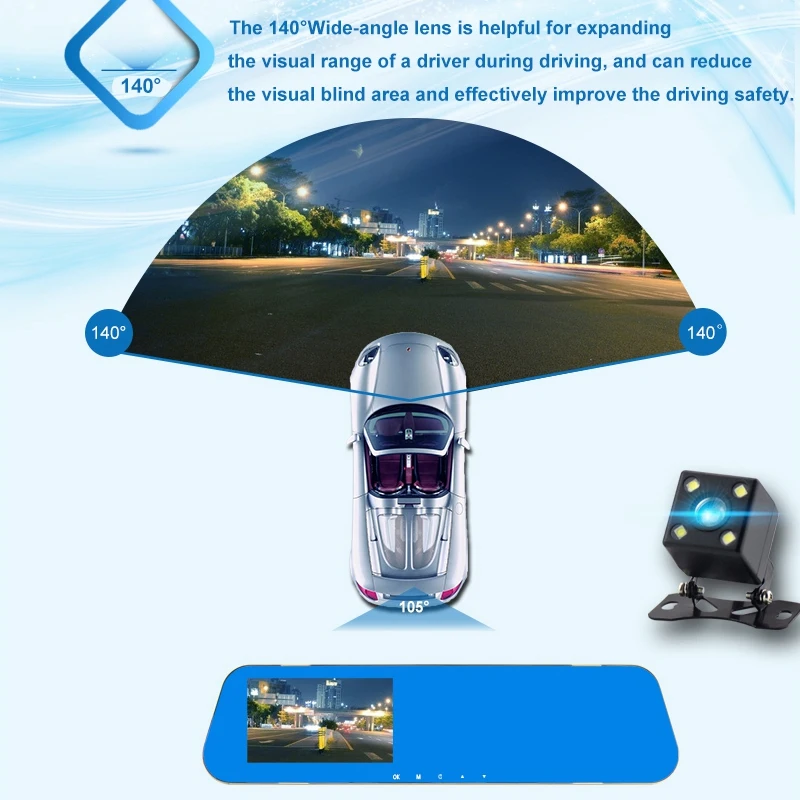 4.3 Inch Car DVR FHD Video 1080P Rear View Mirror Car Camera Dual Lens Auto   Video Recorder Night Vision DVR Mirror Dash Cam