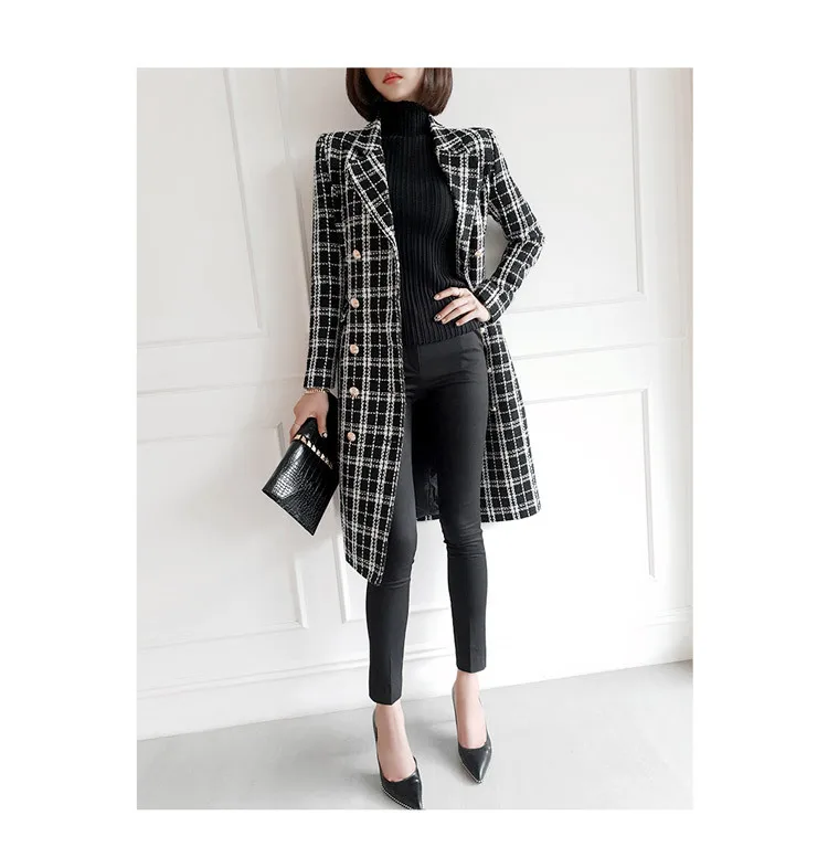 Ladies Fall Winter Contour Gingham Checkered Outerwear Autumn Wool Blend Contrast Color Plaid Long Woolen Jacket Coat