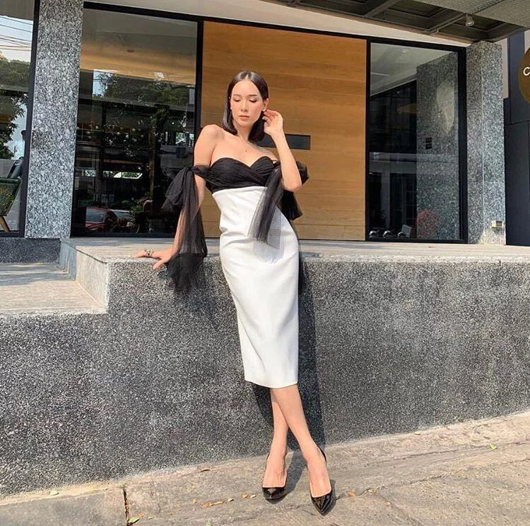 Ocstrade Sexy Off Shoulder Black and White Bandage Dress 2020 Women Summer Sheer Mesh Bandage Dress Bodycon Evening Party Dress