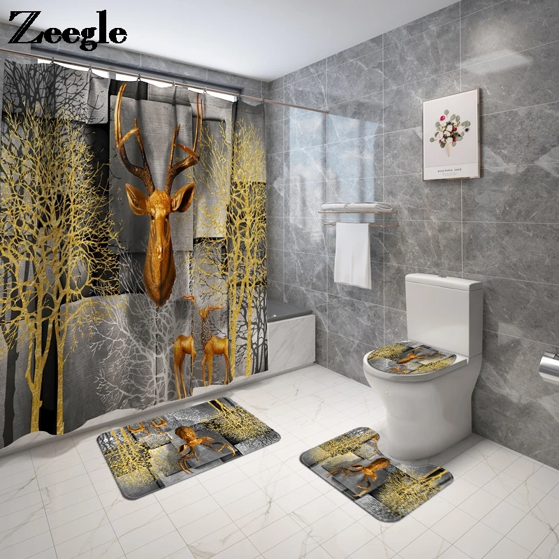 

Zeegle 3D Print Bath Mat Vintage Golden Style Bathroom Carpet Set Microfiber Absorbent Shower Curtain Set Toilet Foot Rug