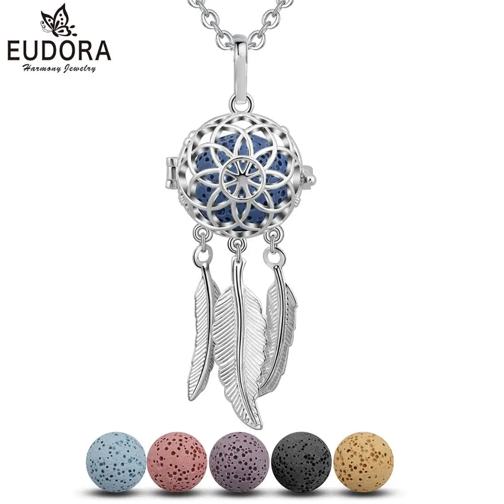 

Eudora 18mm Vintage Hollow Dream catcher Open Cage Locket Essential Oil Aroma Diffuser Pendant Lava Necklace Jewelry K263