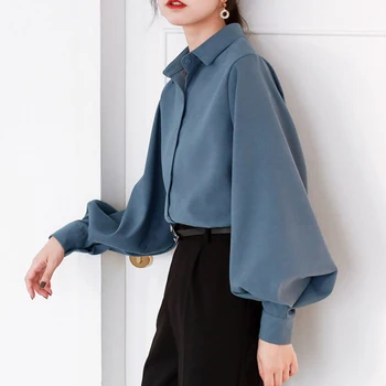 

Office Lady Shirts Long Sleeve Turn-Down Collar Buttons Blouses Black White Blue Work Wear Women Clothing Spring Autumn Tops