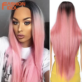 

FASHION IDOL 34 Inch Long Straight Wig Middle Part Lace Full Head Ombre 613 Ponytail Wig Cosplay Wigs For Women Synthetic Hair