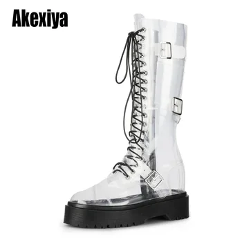 

2020 Newest Clear PVC Women Knee-High Boots Sexy Round Toe Transparent Chunky Heel Ladies Boots Gladiator Boots u697