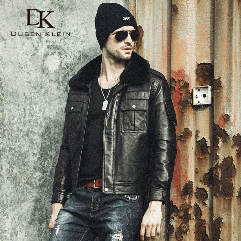 

Dusen Klein Men Genuine Leather Jacket Detachable cotton liner Black/Slim/Simple Business Style/sheep-skin black coat 15Z6618